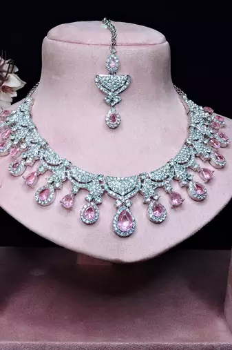 Pink rhodium premium designer american diamond and stone work necklace set