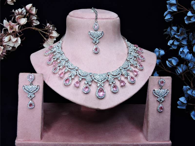 Pink rhodium premium designer american diamond and stone work necklace set
