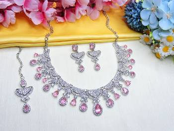 Pink rhodium premium designer american diamond and stone work necklace set 2