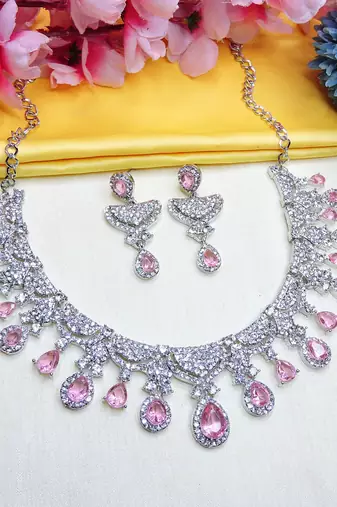 Pink rhodium premium designer american diamond and stone work necklace set