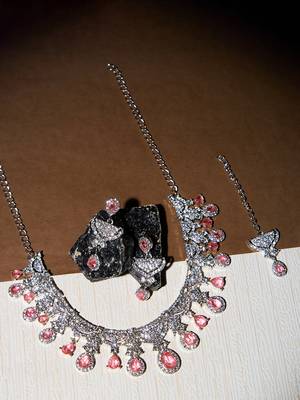 Pink rhodium premium designer american diamond and stone work necklace set 3