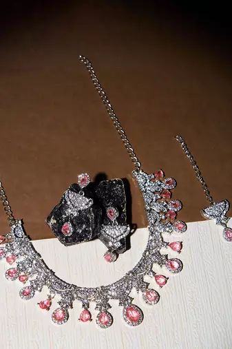 Pink rhodium premium designer american diamond and stone work necklace set
