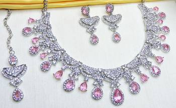 Pink rhodium premium designer american diamond and stone work necklace set 4