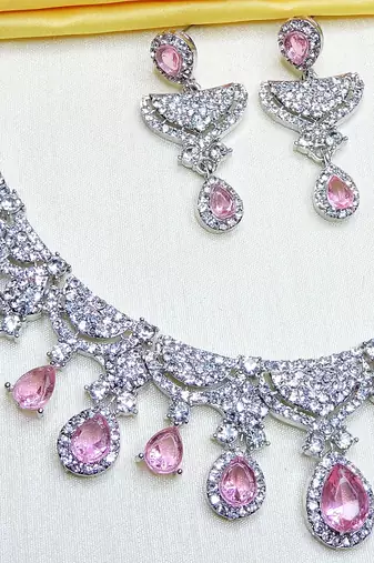 Pink rhodium premium designer american diamond and stone work necklace set