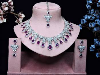 Purple rhodium premium designer american diamond and stone work necklace set 1