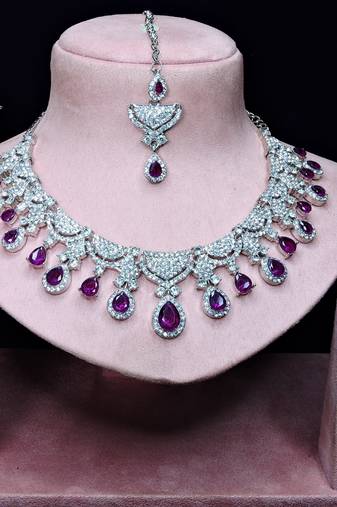 Purple rhodium premium designer american diamond and stone work necklace set