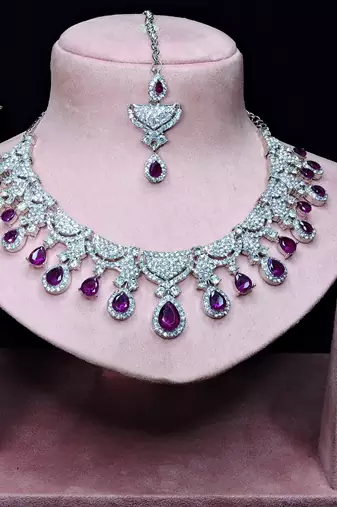 Purple rhodium premium designer american diamond and stone work necklace set
