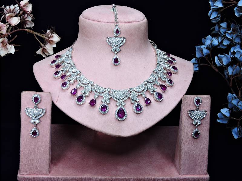 Purple rhodium premium designer american diamond and stone work necklace set