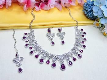 Purple rhodium premium designer american diamond and stone work necklace set 2