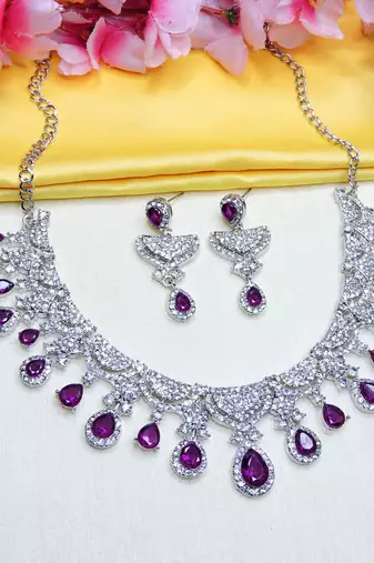 Purple rhodium premium designer american diamond and stone work necklace set