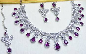 Purple rhodium premium designer american diamond and stone work necklace set 3