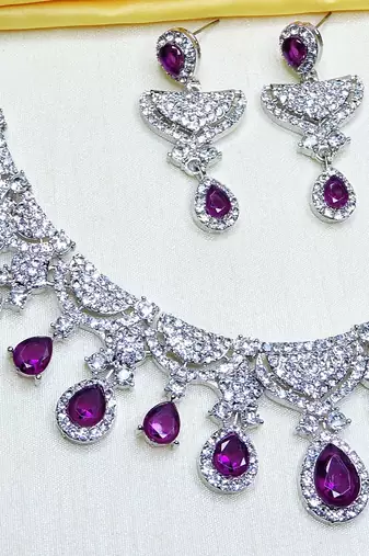 Purple rhodium premium designer american diamond and stone work necklace set