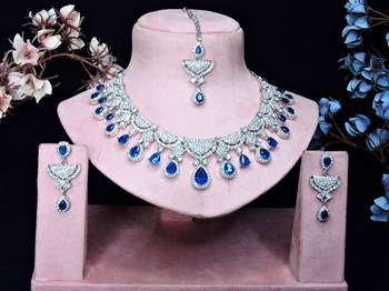 Blue rhodium premium designer american diamond and stone work necklace set 1