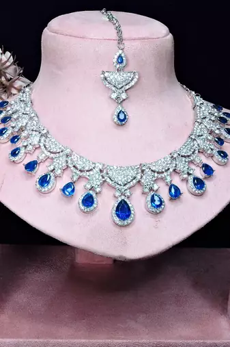 Blue rhodium premium designer american diamond and stone work necklace set