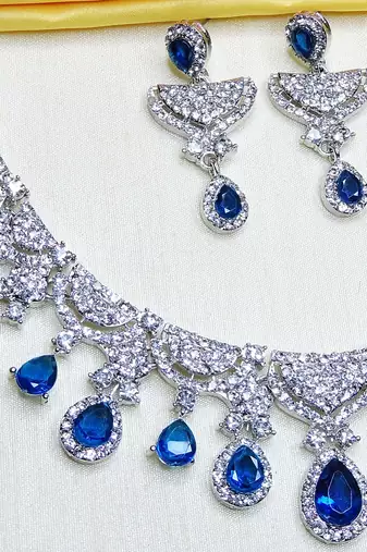 Blue rhodium premium designer american diamond and stone work necklace set