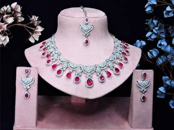Pink rhodium premium designer american diamond and stone work necklace set 1