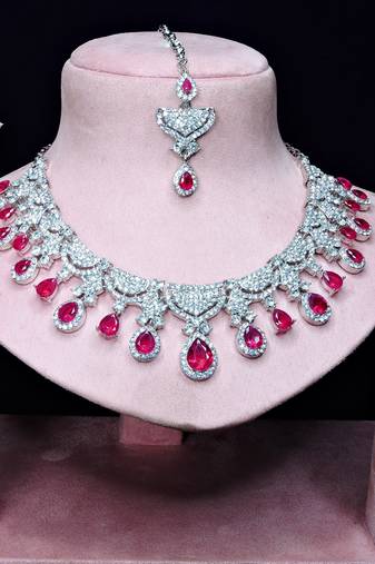 Pink rhodium premium designer american diamond and stone work necklace set