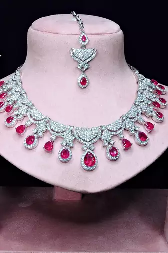 Pink rhodium premium designer american diamond and stone work necklace set