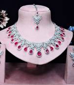 Pink rhodium premium designer american diamond and stone work necklace set