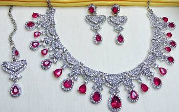 Pink rhodium premium designer american diamond and stone work necklace set 2