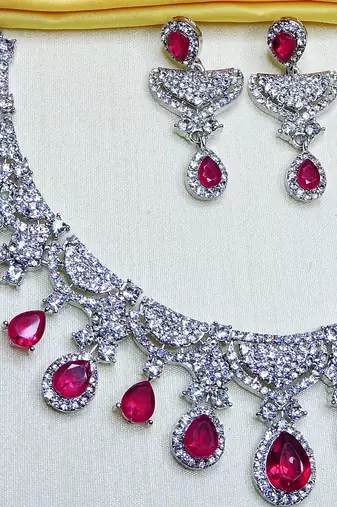Pink rhodium premium designer american diamond and stone work necklace set