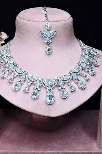 White rhodium premium designer american diamond and stone work necklace set