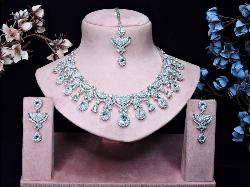 White rhodium premium designer american diamond and stone work necklace set