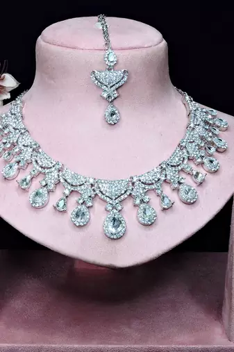 White rhodium premium designer american diamond and stone work necklace set
