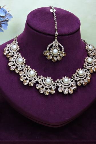 Gold yellow gold premium designer american diamond and stone work necklace set