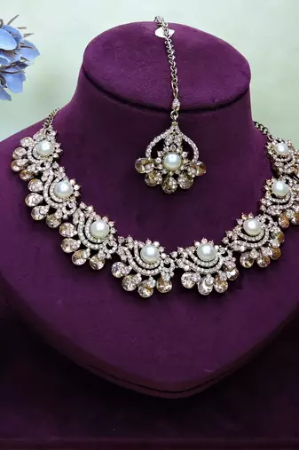 Gold yellow gold premium designer american diamond and stone work necklace set