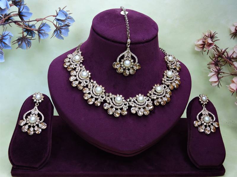 Gold yellow gold premium designer american diamond and stone work necklace set