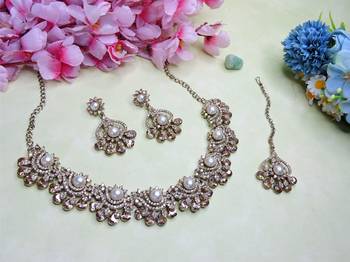 Gold yellow gold premium designer american diamond and stone work necklace set 2