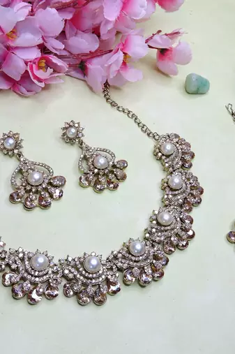 Gold yellow gold premium designer american diamond and stone work necklace set