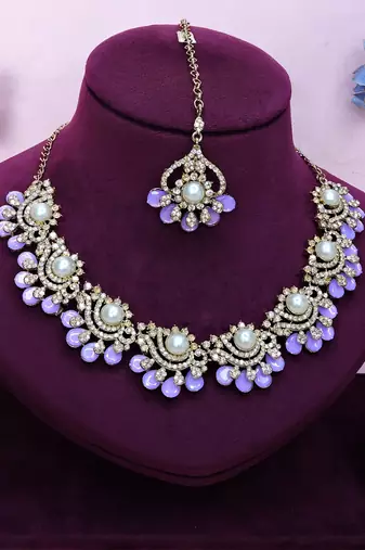 Purple yellow gold premium designer american diamond and stone work necklace set