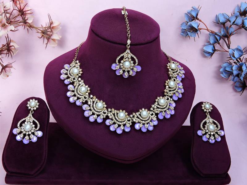 Purple yellow gold premium designer american diamond and stone work necklace set