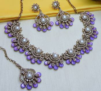 Purple yellow gold premium designer american diamond and stone work necklace set 2