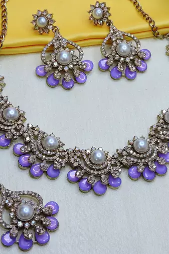 Purple yellow gold premium designer american diamond and stone work necklace set
