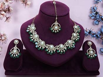 Green yellow gold premium designer american diamond and stone work necklace set 1