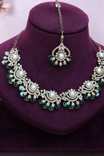 Green yellow gold premium designer american diamond and stone work necklace set