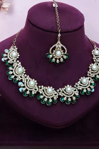 Green yellow gold premium designer american diamond and stone work necklace set