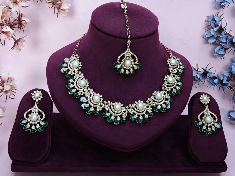 Green yellow gold premium designer american diamond and stone work necklace set