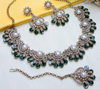 Green yellow gold premium designer american diamond and stone work necklace set 2