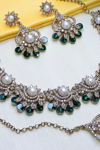Green yellow gold premium designer american diamond and stone work necklace set