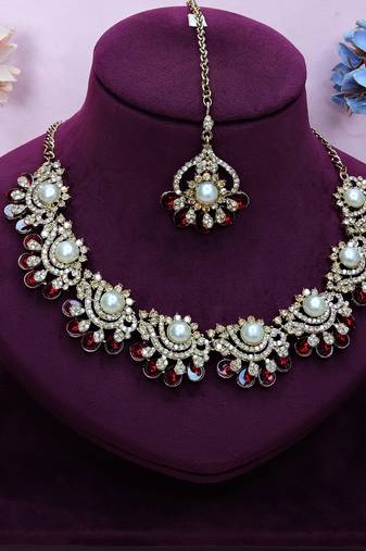 Maroon yellow gold premium designer american diamond and stone work necklace set