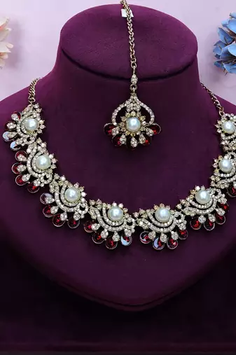 Maroon yellow gold premium designer american diamond and stone work necklace set