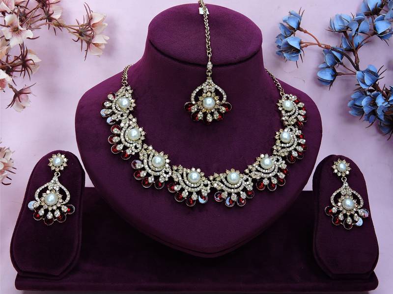 Maroon yellow gold premium designer american diamond and stone work necklace set