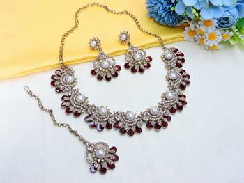 Maroon yellow gold premium designer american diamond and stone work necklace set 2