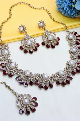 Maroon yellow gold premium designer american diamond and stone work necklace set