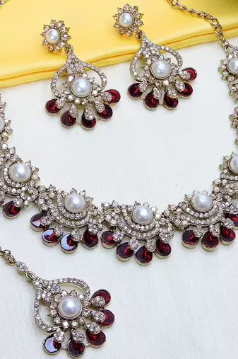 Maroon yellow gold premium designer american diamond and stone work necklace set
