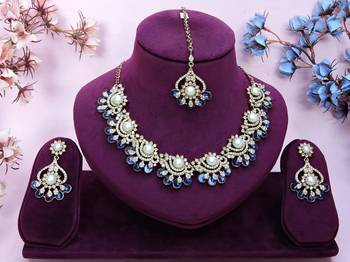 Blue yellow gold premium designer american diamond and stone work necklace set 1
